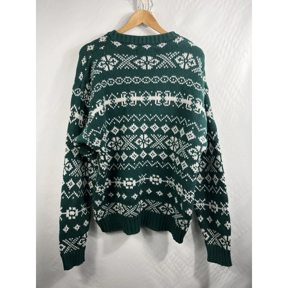 VTG EDDIE BAUER Fair Isle Sweater Green‎ XL Made in UK Cotton Crew Neck - Picture 4 of 9